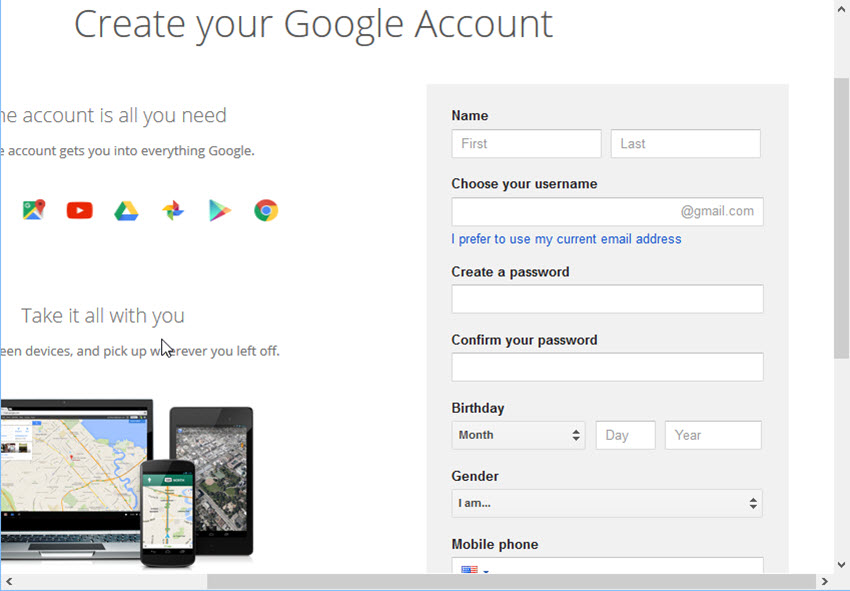 Create your Google Account window