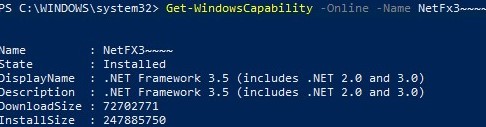 Trạng thái cài đặt Get-WindowsCapability NetFx3