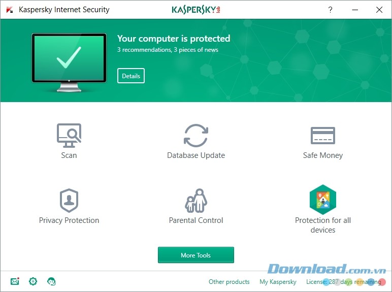 Giao diện làm việc chính của Kaspersky Internet Security 2018