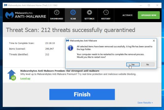 Trong quá trình loại bỏ các tập tin này, có thể Malwarebytes Anti-Malware sẽ yêu cầu khởi động lại máy tính để hoàn tất quá trình.
