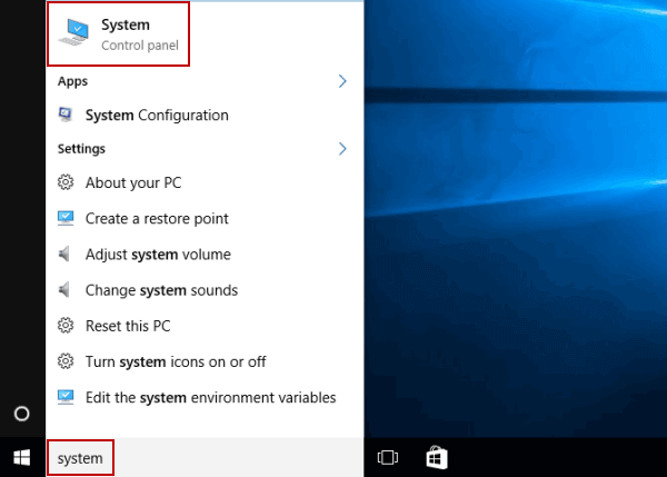 mở system win 10
