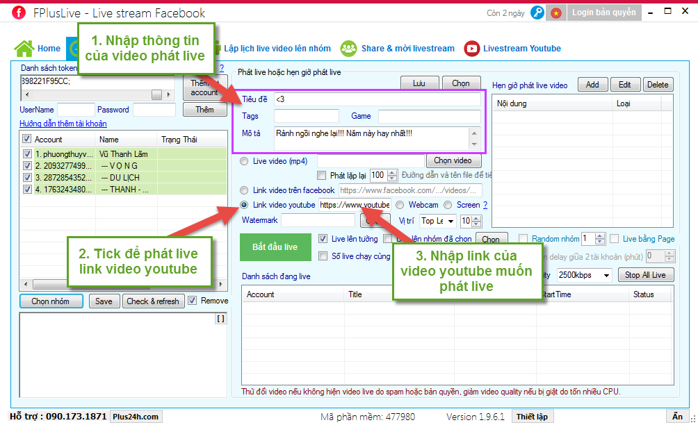 Phát live từ link video youtube lên nhiều tường, nhóm Facebook