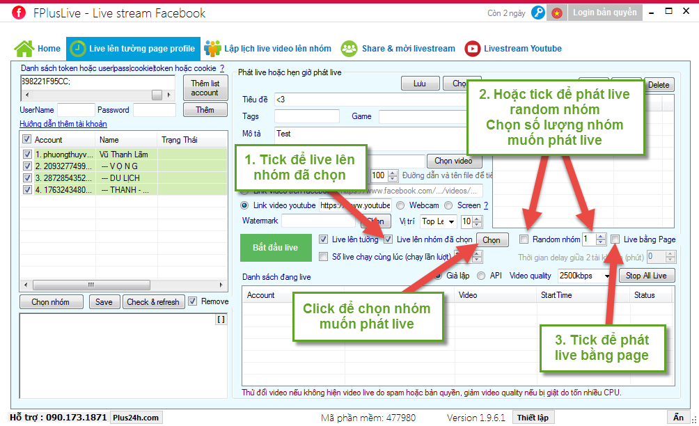 Phát livestream từ video (mp4) lên nhiều tường, page, nhóm facebook