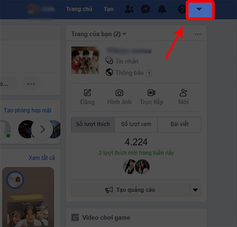 Tại giao diện Facebook cũ, chọn biểu tượng hình tam giác hướng xuống ngay góc trên bên phải.