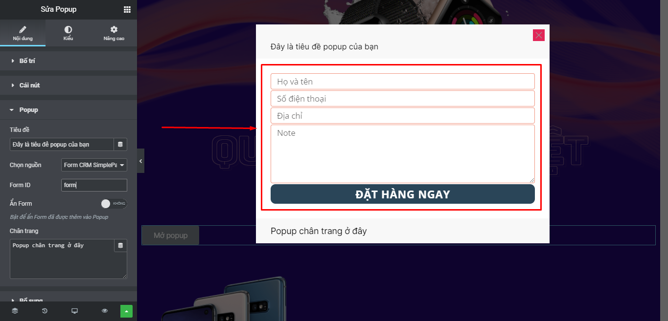 Kết Quả Popup Chứa Form