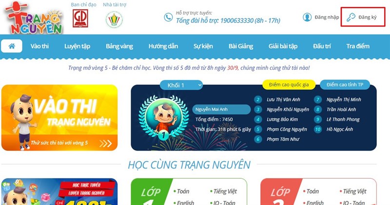 đăng ký tài khoản học sinh trạng nguyên tiếng việt